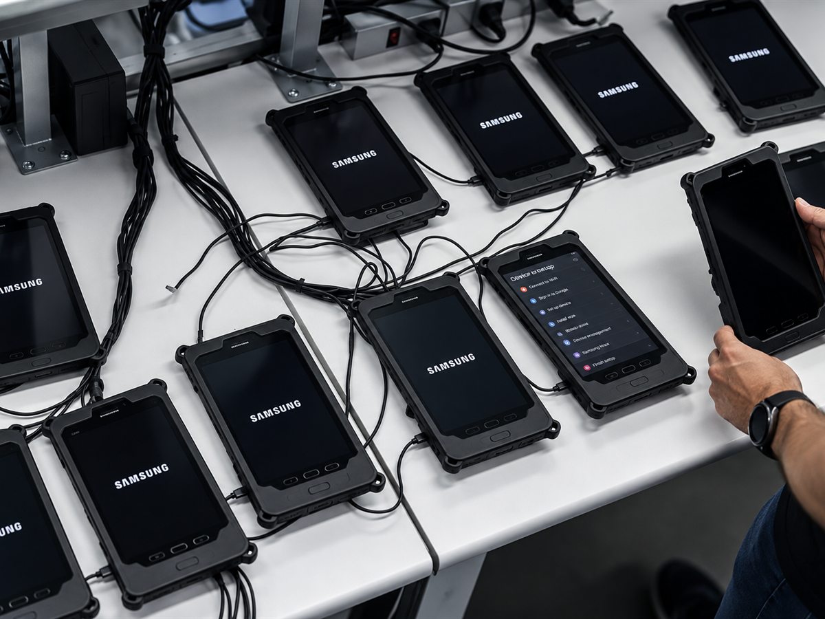 Rugged Samsung tablets connected on a staging bench for device setup