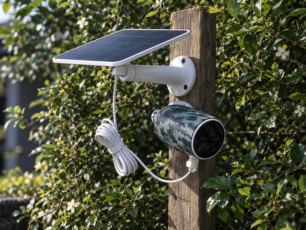 Solar-powered LTE security camera mounted on a wooden post