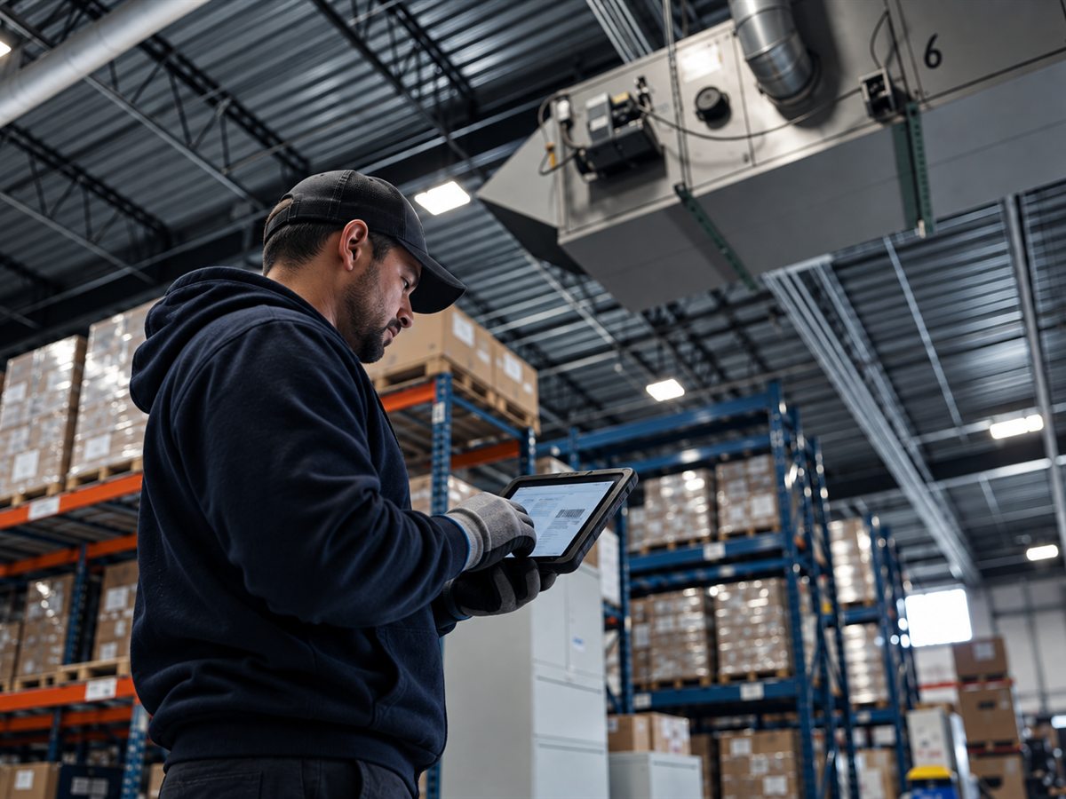 Warehouse worker checking inventory on a rugged tablet