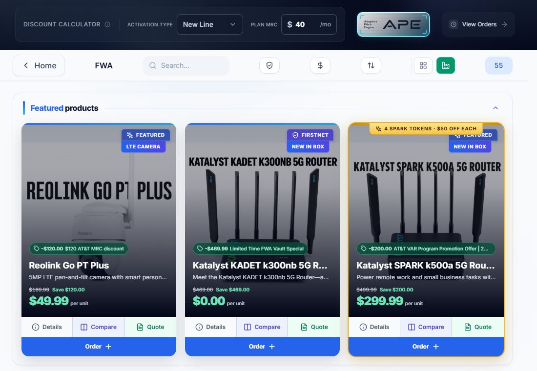 FWA catalog with featured routers and promotions