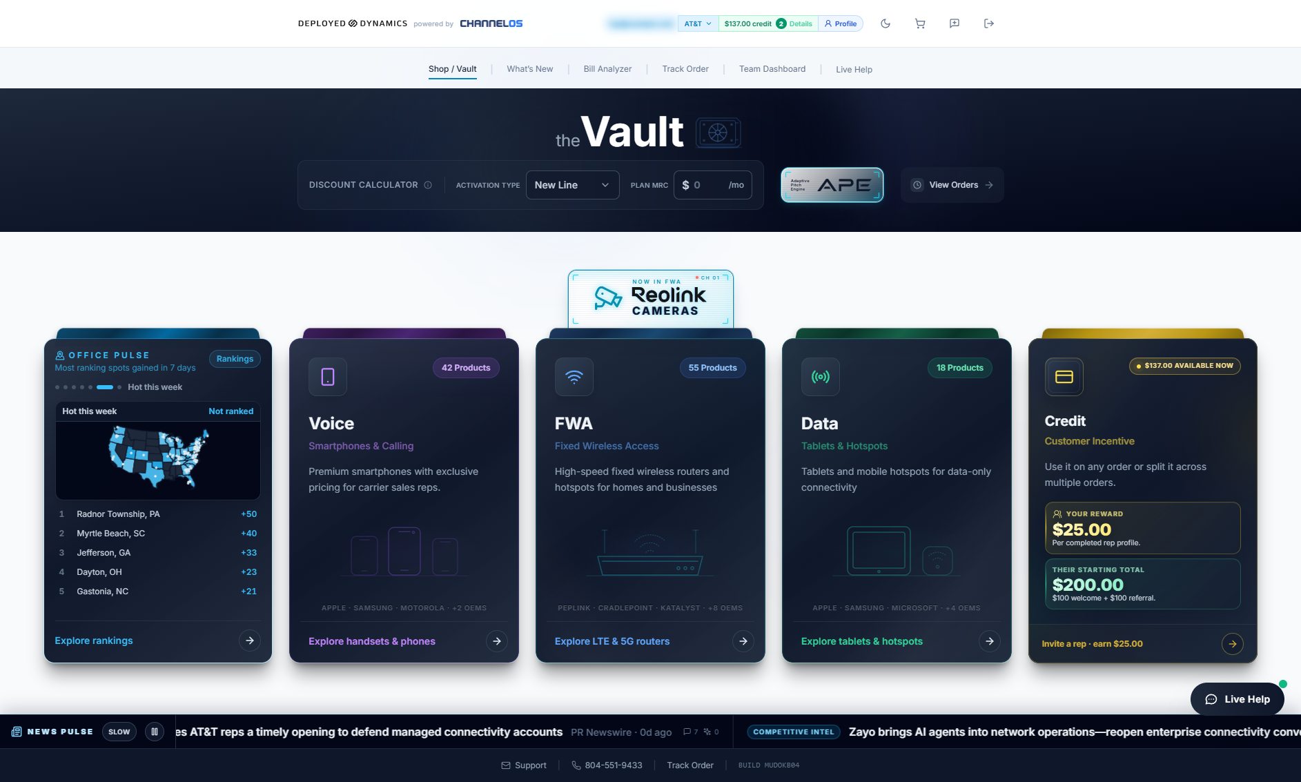 The Vault home: discount calculator and Voice, FWA, Data, and Credit categories