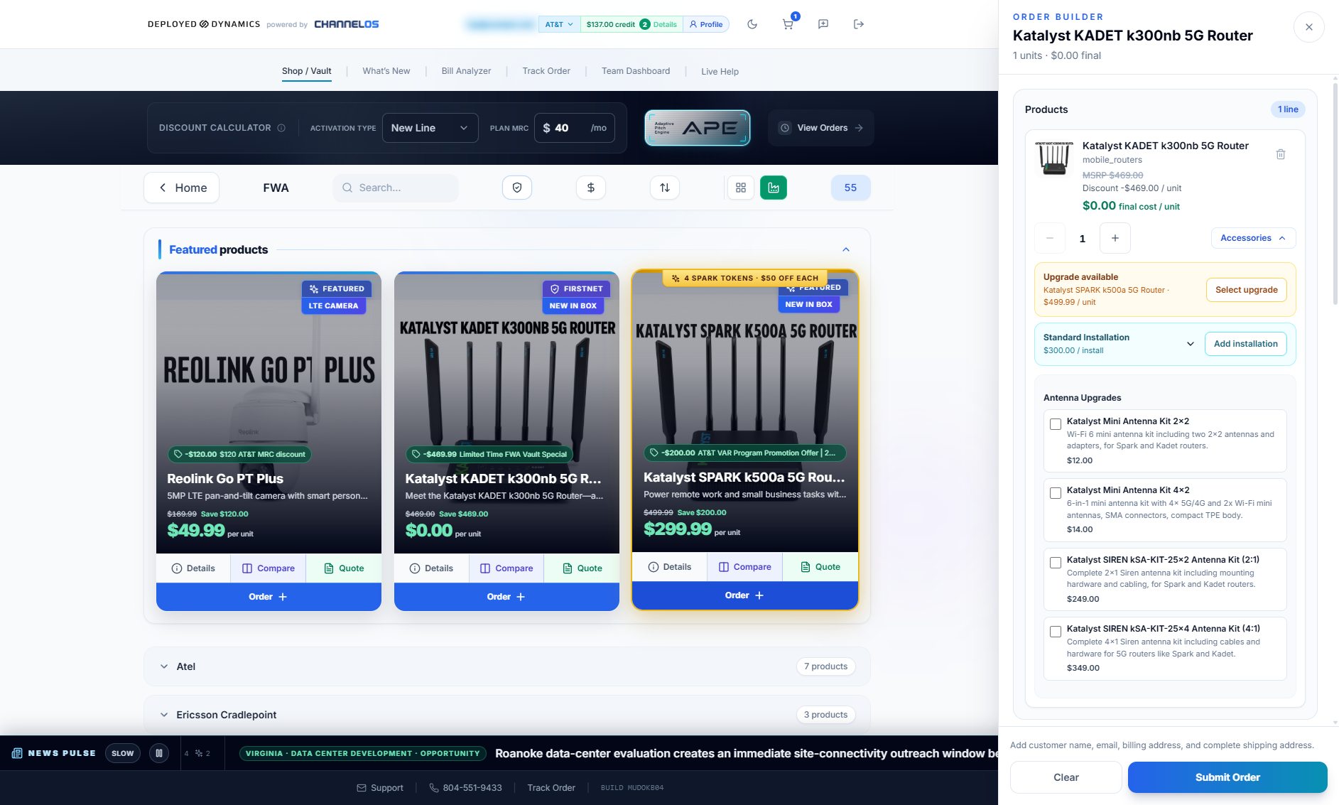 The Vault order builder with eligible pricing applied to a 5G router