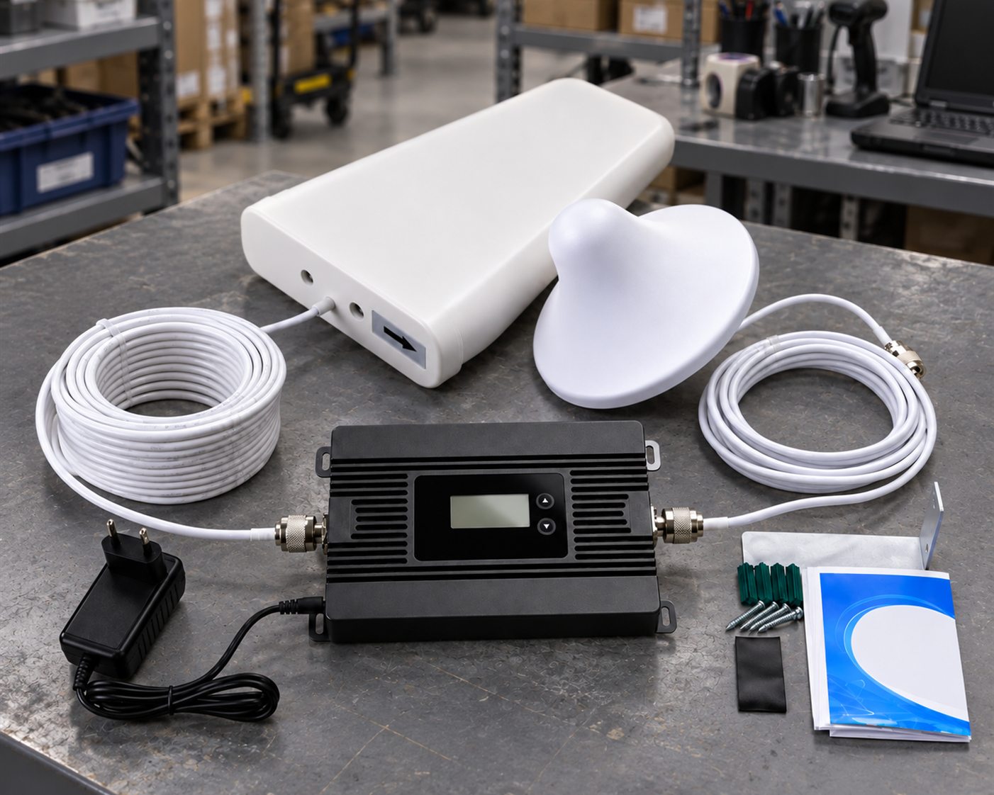 Cellular signal booster kit with panel and dome antennas, coax cable, power adapter, and mounting hardware