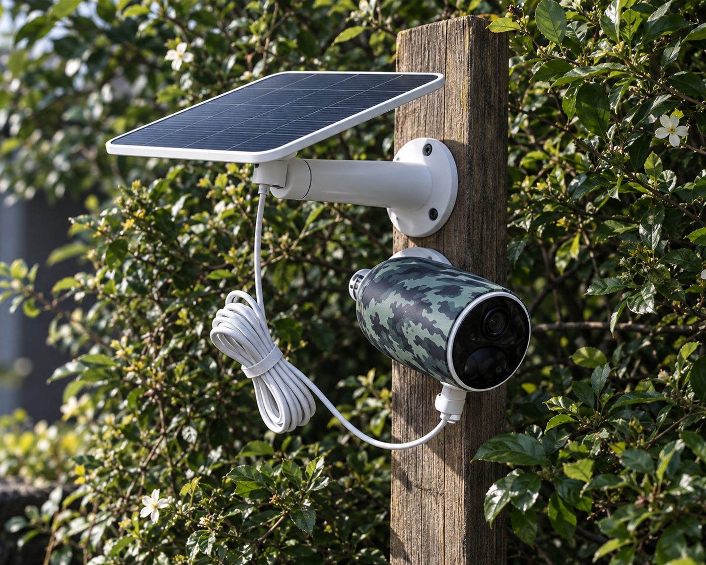 Solar-powered LTE security camera mounted on a wooden post