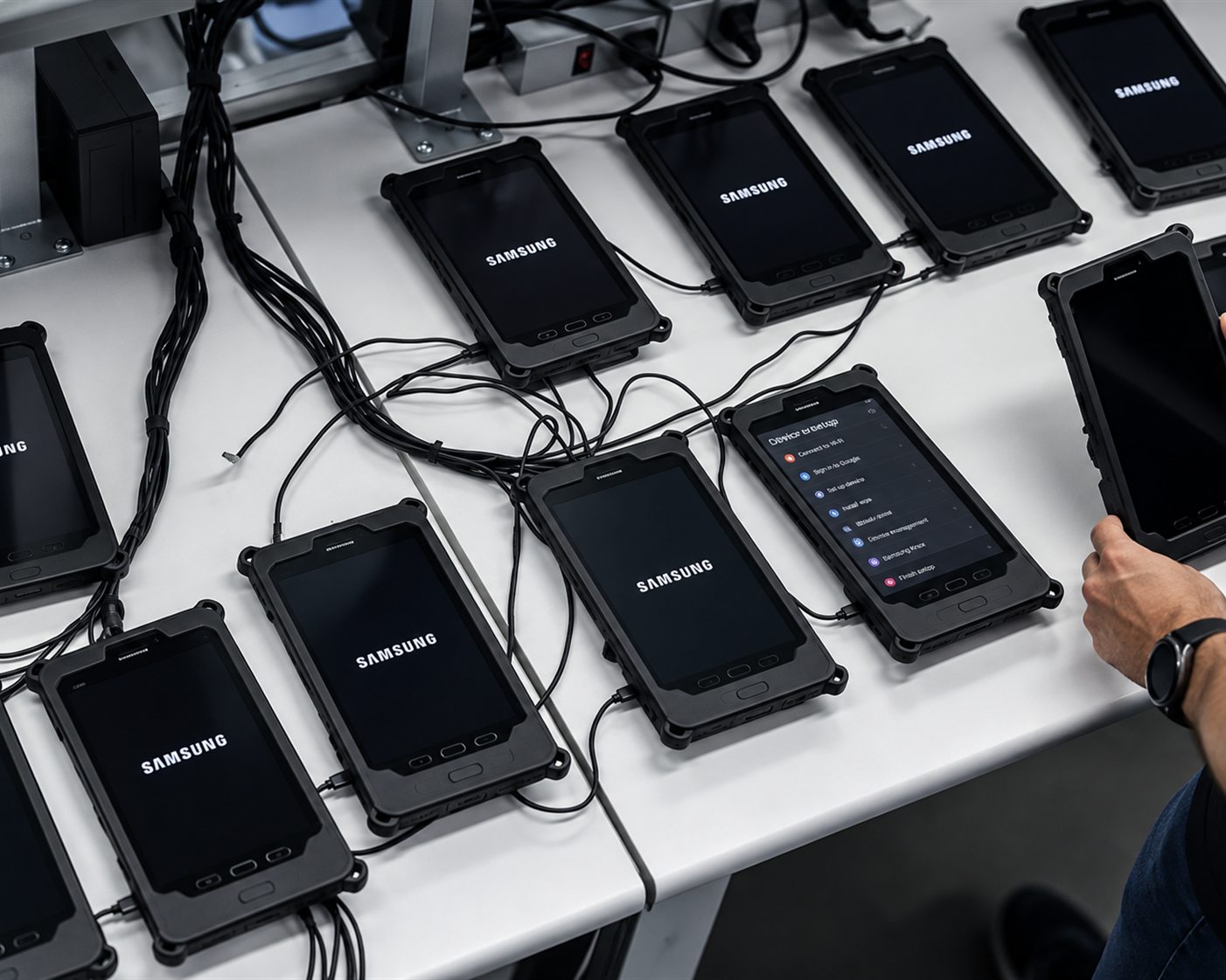 Rugged Samsung tablets connected on a staging bench for device setup