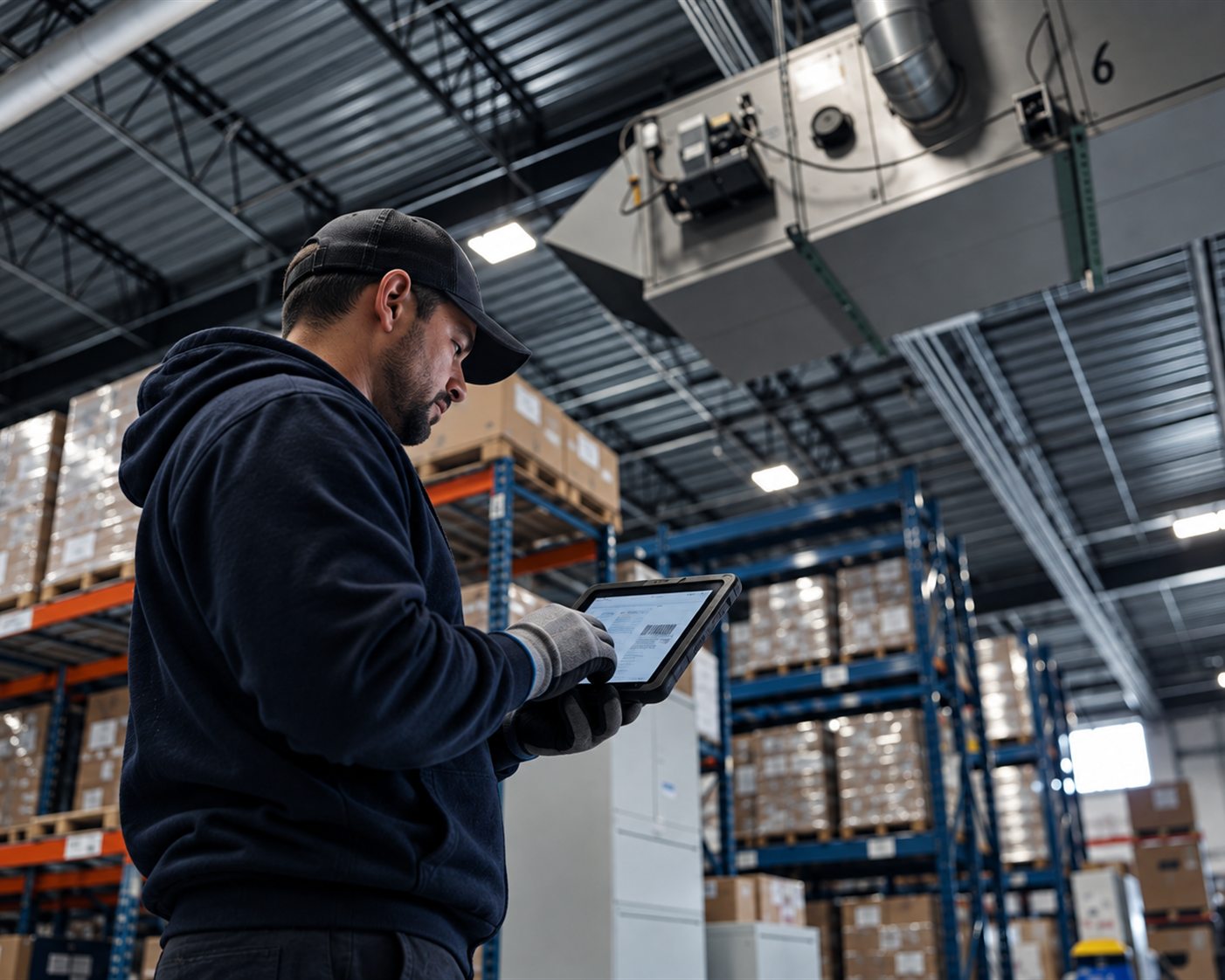 Warehouse worker checking inventory on a rugged tablet