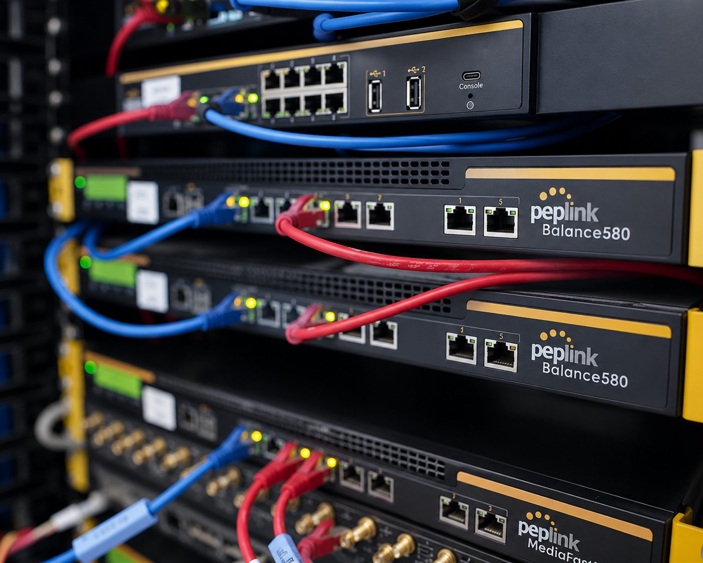 Rack of Peplink Balance routers with patched ethernet cables